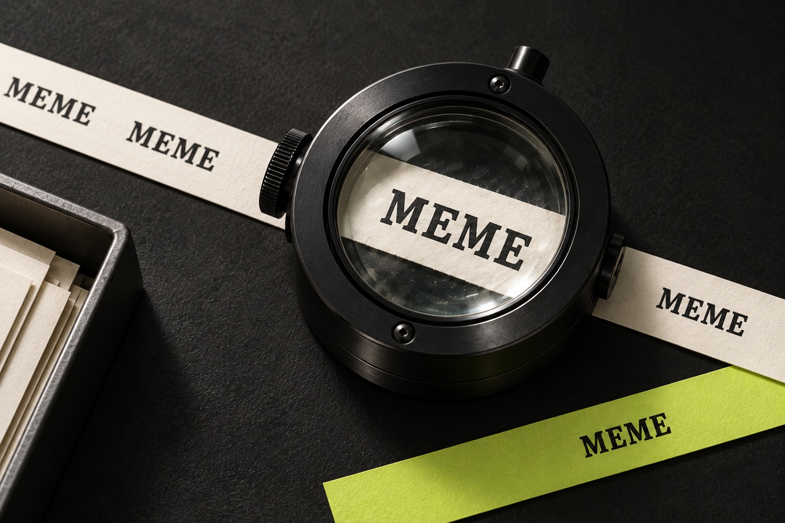 A black inspection lens enlarges MEME on a printed paper strip, beside an impression in lime.